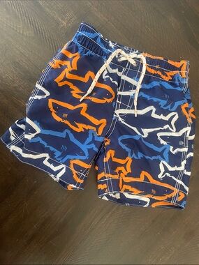 GAP Boys Shark Swim Trunks - Navy, Orange & White
